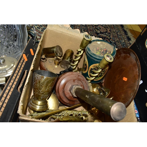 608 - THREE BOXES AND LOOSE METALWARES, BRASS BASED OIL LAMPS AND TWO PICTURES, the metalware to include c... 