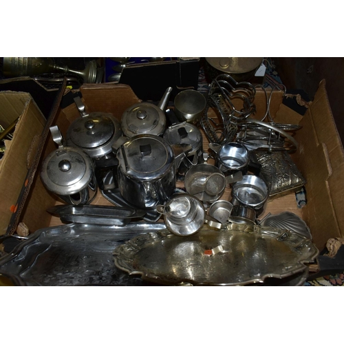 608 - THREE BOXES AND LOOSE METALWARES, BRASS BASED OIL LAMPS AND TWO PICTURES, the metalware to include c... 