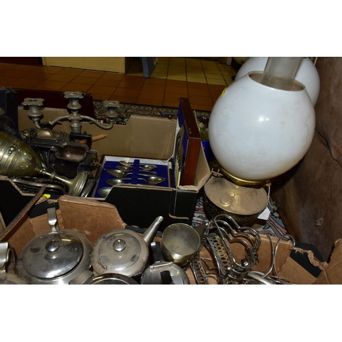 608 - THREE BOXES AND LOOSE METALWARES, BRASS BASED OIL LAMPS AND TWO PICTURES, the metalware to include c... 