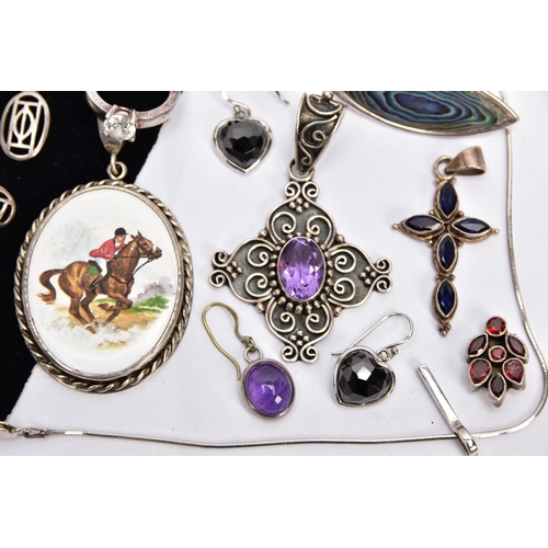 62 - A BAG OF ASSORTED JEWELLERY, to include a white metal pendant necklet, suspending two white metal pe... 