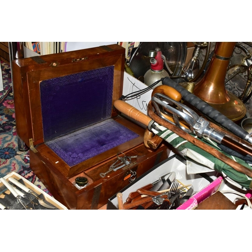 629 - FOUR BOXES AND LOOSE METALWARES, PICTURES, COLLECTABLES, etc, including a Victorian walnut and brass... 