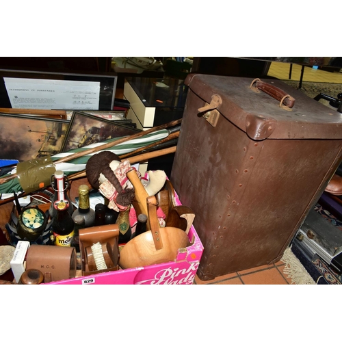 629 - FOUR BOXES AND LOOSE METALWARES, PICTURES, COLLECTABLES, etc, including a Victorian walnut and brass... 