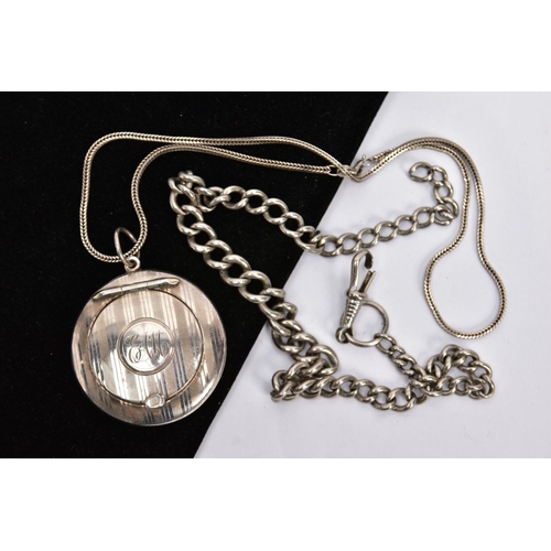 63 - A SILVER COMPACT PENDANT NECKLACE AND AN ALBERT CHAIN, the compact of circular form, engine turn des... 