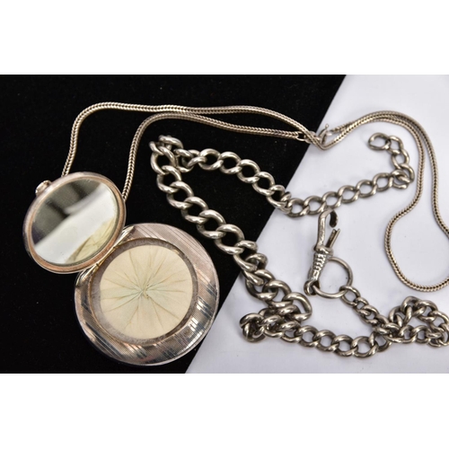 63 - A SILVER COMPACT PENDANT NECKLACE AND AN ALBERT CHAIN, the compact of circular form, engine turn des... 