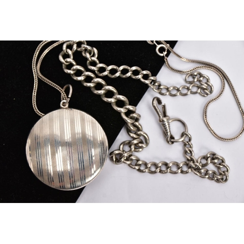 63 - A SILVER COMPACT PENDANT NECKLACE AND AN ALBERT CHAIN, the compact of circular form, engine turn des... 