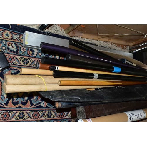 630 - A QUANTITY OF EMPTY CUE CASES AND SLEEVES, part cues, wood to make cues, a quantity of snooker chalk... 