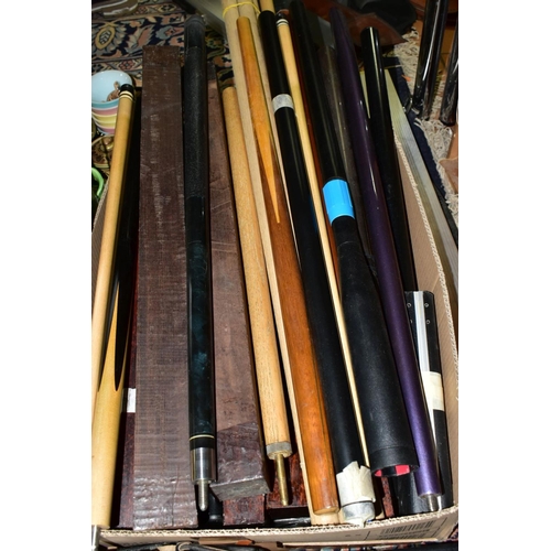 630 - A QUANTITY OF EMPTY CUE CASES AND SLEEVES, part cues, wood to make cues, a quantity of snooker chalk... 