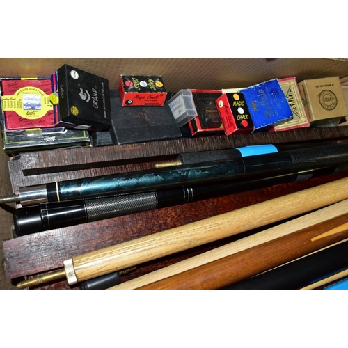 630 - A QUANTITY OF EMPTY CUE CASES AND SLEEVES, part cues, wood to make cues, a quantity of snooker chalk... 