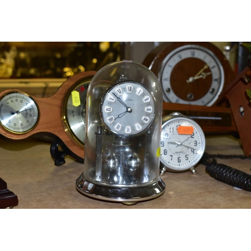 632 - A SMALL GROUP OF SEVEN CLOCKS AND A MODERN BAROMETER, the clocks include an Edwardian mahogany, oak ... 