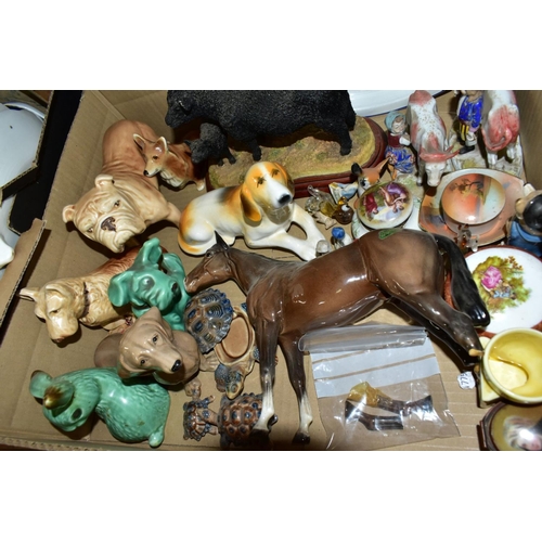 634 - FIVE BOXES OF ASSORTED CERAMICS, including Sylvac dogs and rabbit, s.d, a Szeiler Corgi dressed in W... 