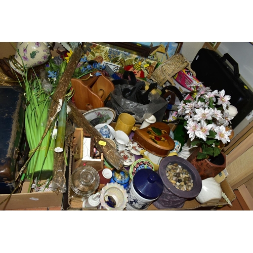 635 - THREE BOXES AND LOOSE CERAMICS, ARTIFICIAL FLOWERS, etc, including an Ambassador briefcase, a 'World... 