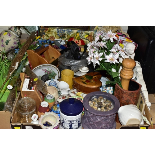 635 - THREE BOXES AND LOOSE CERAMICS, ARTIFICIAL FLOWERS, etc, including an Ambassador briefcase, a 'World... 