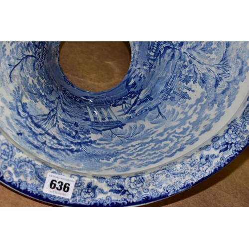 636 - A LATE VICTORIAN BLUE AND WHITE TRANSFER PRINTED POTTERY OVAL TOILET BOWL, the interior with figures... 