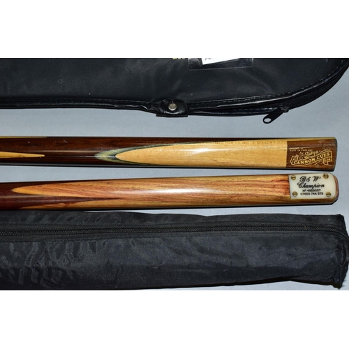 639 - A QUANTITY OF CASED WOODEN TWO PIECE CUES, assorted hard and soft cases, all cues and cases in playw... 