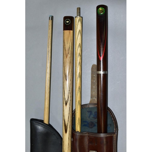 639 - A QUANTITY OF CASED WOODEN TWO PIECE CUES, assorted hard and soft cases, all cues and cases in playw... 