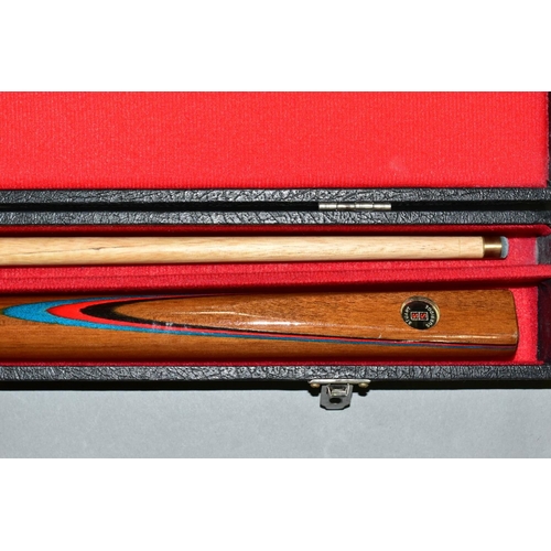 639 - A QUANTITY OF CASED WOODEN TWO PIECE CUES, assorted hard and soft cases, all cues and cases in playw... 