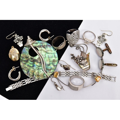 64 - A BAG OF ASSORTED JEWELLERY, to include a white metal Greek key pattern bangle, stamped 'Sterling Si... 