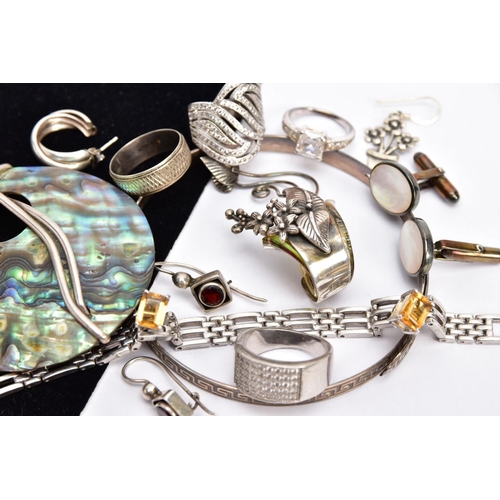 64 - A BAG OF ASSORTED JEWELLERY, to include a white metal Greek key pattern bangle, stamped 'Sterling Si... 