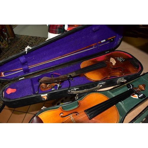 641 - AN EARLY 20TH CENTURY VIOLIN AND A LATER CHINESE VIOLIN, the early 20th Century example with two pie... 