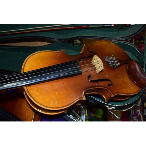 641 - AN EARLY 20TH CENTURY VIOLIN AND A LATER CHINESE VIOLIN, the early 20th Century example with two pie... 