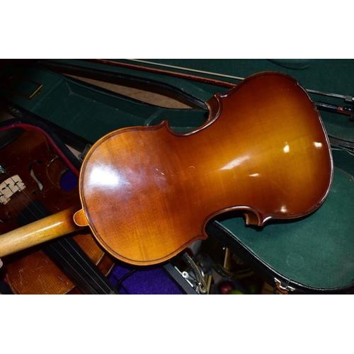 641 - AN EARLY 20TH CENTURY VIOLIN AND A LATER CHINESE VIOLIN, the early 20th Century example with two pie... 