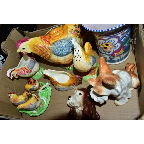 648 - FIVE BOXES OF CERAMICS AND LOOSE, including a collection of over forty Wade Whimsies, s.d, a Poole P... 