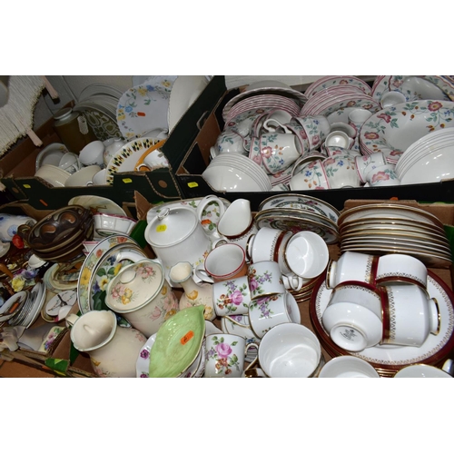 650 - SIX BOXES OF CERAMICS AND GLASSWARE, including modern figural ornaments, a Churchill floral pattern ... 