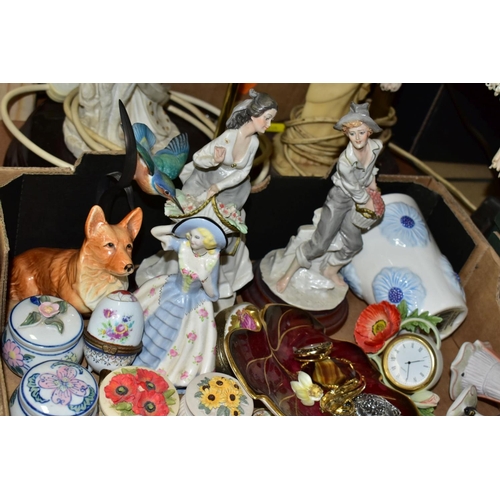 650 - SIX BOXES OF CERAMICS AND GLASSWARE, including modern figural ornaments, a Churchill floral pattern ... 