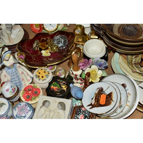 650 - SIX BOXES OF CERAMICS AND GLASSWARE, including modern figural ornaments, a Churchill floral pattern ... 