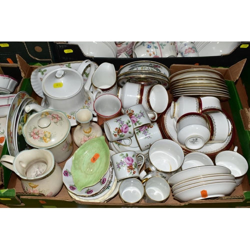 650 - SIX BOXES OF CERAMICS AND GLASSWARE, including modern figural ornaments, a Churchill floral pattern ... 