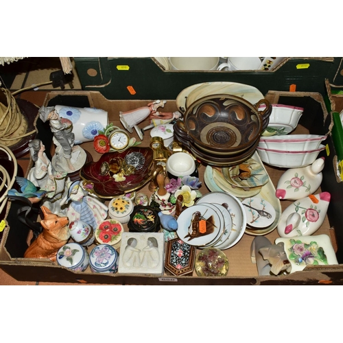 650 - SIX BOXES OF CERAMICS AND GLASSWARE, including modern figural ornaments, a Churchill floral pattern ... 