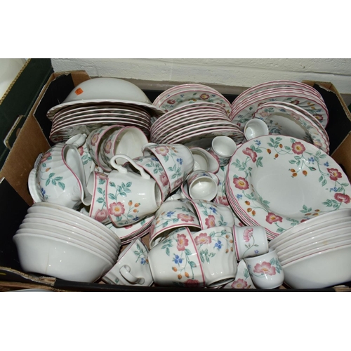 650 - SIX BOXES OF CERAMICS AND GLASSWARE, including modern figural ornaments, a Churchill floral pattern ... 