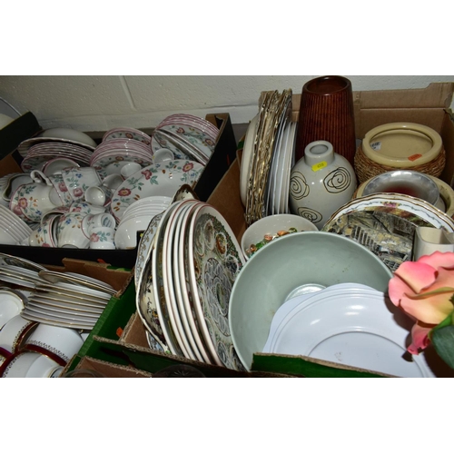 650 - SIX BOXES OF CERAMICS AND GLASSWARE, including modern figural ornaments, a Churchill floral pattern ... 