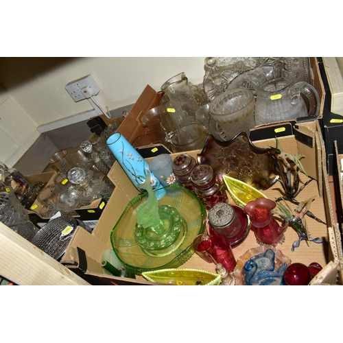 657 - FOUR BOXES AND LOOSE GLASSWARE, SOME 19TH CENTURY PIECES OF COLOURED GLASS, including two red painte... 