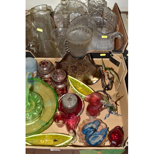 657 - FOUR BOXES AND LOOSE GLASSWARE, SOME 19TH CENTURY PIECES OF COLOURED GLASS, including two red painte... 