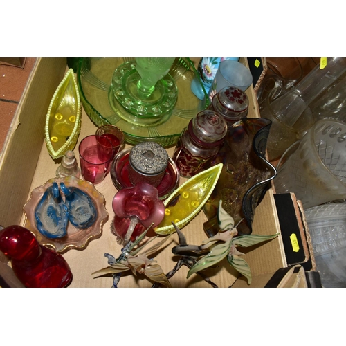 657 - FOUR BOXES AND LOOSE GLASSWARE, SOME 19TH CENTURY PIECES OF COLOURED GLASS, including two red painte... 