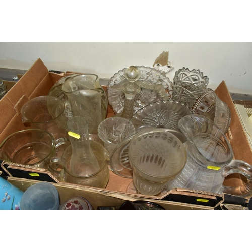 657 - FOUR BOXES AND LOOSE GLASSWARE, SOME 19TH CENTURY PIECES OF COLOURED GLASS, including two red painte... 