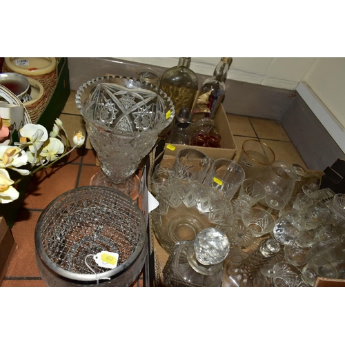 657 - FOUR BOXES AND LOOSE GLASSWARE, SOME 19TH CENTURY PIECES OF COLOURED GLASS, including two red painte... 