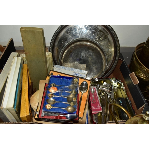 658 - THREE BOXES AND LOOSE METAWARES, ETC, including a brass magazine rack, slipper box, two brass stick ... 