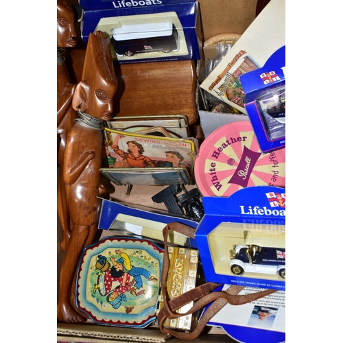 658 - THREE BOXES AND LOOSE METAWARES, ETC, including a brass magazine rack, slipper box, two brass stick ... 