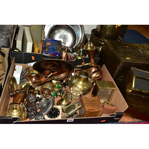 658 - THREE BOXES AND LOOSE METAWARES, ETC, including a brass magazine rack, slipper box, two brass stick ... 