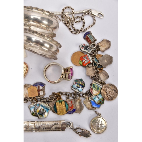 66 - A BAG OF ASSORTED JEWELLERY AND ITEMS, to include two silver wavy rim napkin rings, one engraved 'Ro... 