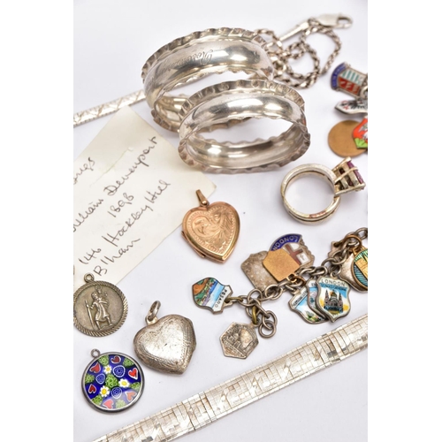 66 - A BAG OF ASSORTED JEWELLERY AND ITEMS, to include two silver wavy rim napkin rings, one engraved 'Ro... 