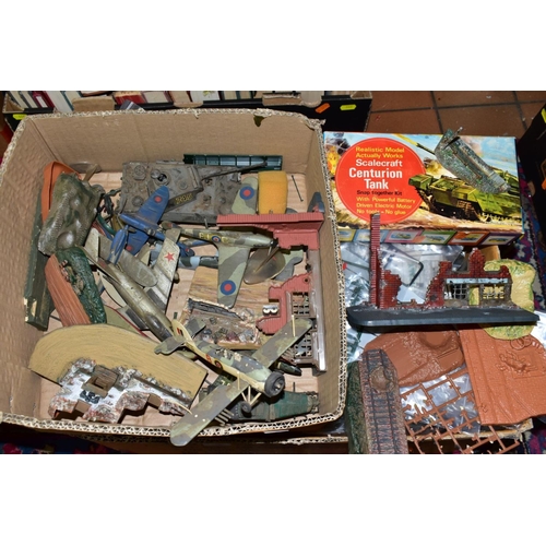 665 - A QUANTITY OF ASSORTED PLASTIC MILITARY MODEL SPARE PARTS AND EMPTY BOXES, ETC, assorted spares, par... 