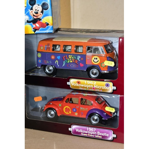 668 - FIVE BOXED MODERN 1/18 SCALE DIECAST MODELS, Burago Disney collection Mickey Mouse Volkswagen Beetle... 