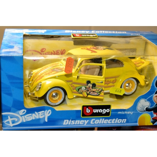 668 - FIVE BOXED MODERN 1/18 SCALE DIECAST MODELS, Burago Disney collection Mickey Mouse Volkswagen Beetle... 