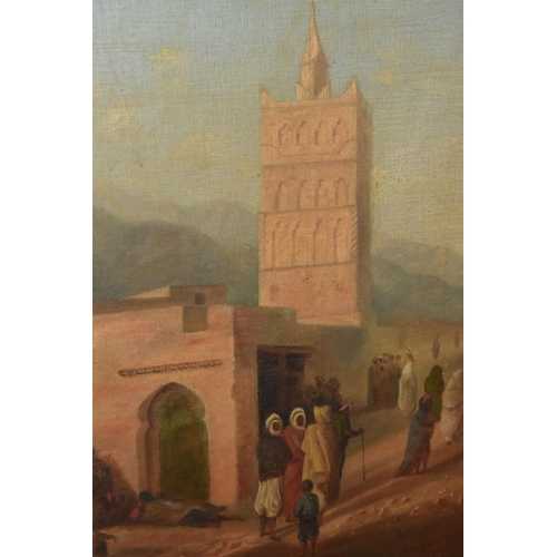 685 - A LATE 19TH CENTURY ALGERIAN SCENE OF FIGURES WEARING TRADITIONAL DRESS BESIDE A MOSQUE WITH SQUARE ... 