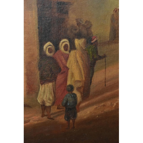 685 - A LATE 19TH CENTURY ALGERIAN SCENE OF FIGURES WEARING TRADITIONAL DRESS BESIDE A MOSQUE WITH SQUARE ... 