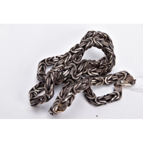 69 - A HEAVY WHITE METAL BYZANTINE CHAIN, fitted with a lobster claw clasp, length 560mm, approximate gro... 