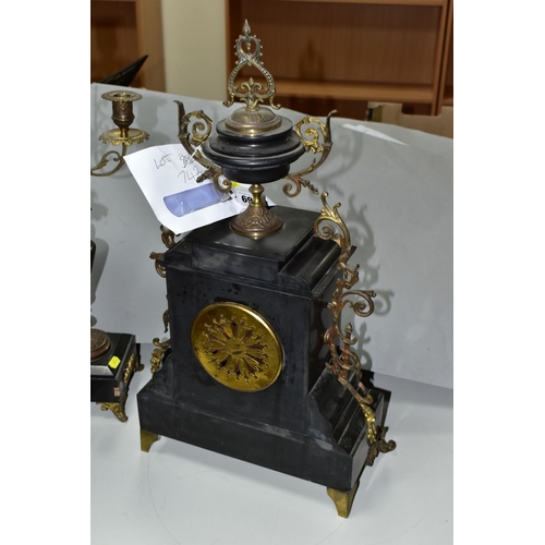 692 - A LATE 19TH CENTURY BLACK SLATE, MARBLE AND GILT METAL CLOCK GARNITURE, the clock with urn shaped su... 